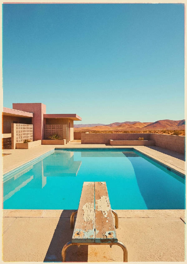 Retro screenprint av en tom mid-century ökenmotellpool med hoppbräda. Blått, dammigt rosa och sandbeige färger.