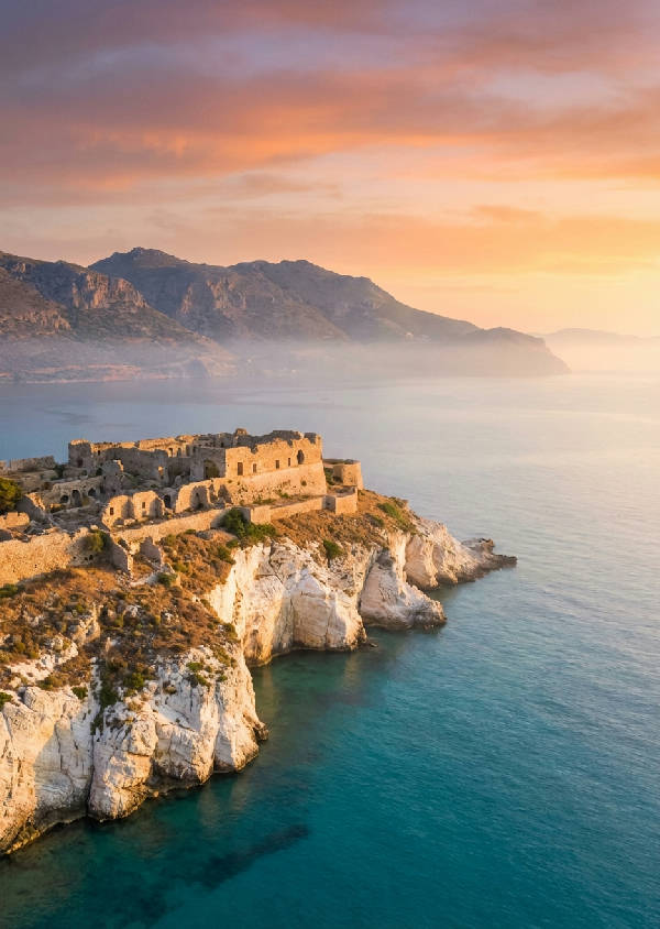 Hyperrealistisk soluppgång över Spinalonga med venetiansk fästning belyst av gyllene ljus, turkost vatten och dimmiga berg i fjärran