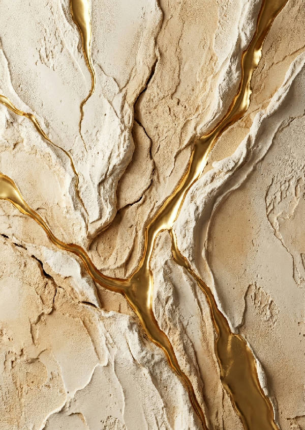 Abstrakt wabi-sabi gipsyta i krämvitt och beige, genomskuren av eleganta och organiskt glänsande kintsugi-ådror i guld.