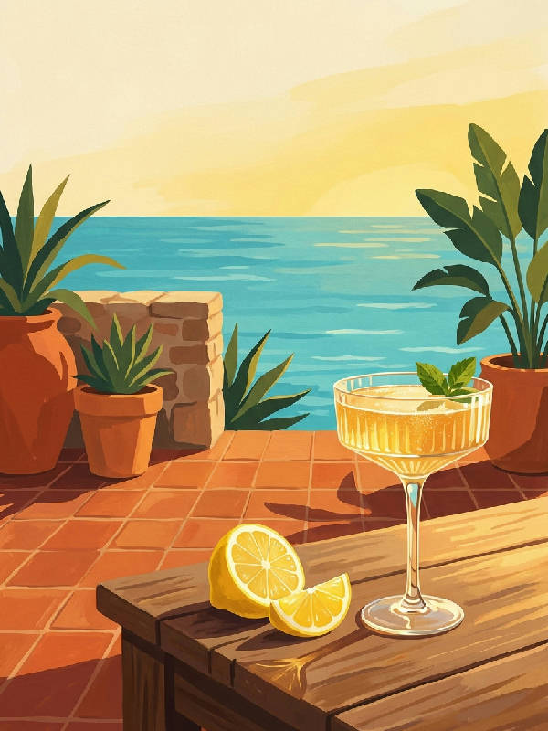 Vintage mid-century illustration av en solbelyst medelhavsterrass med havsutsikt, citron och cocktailglas