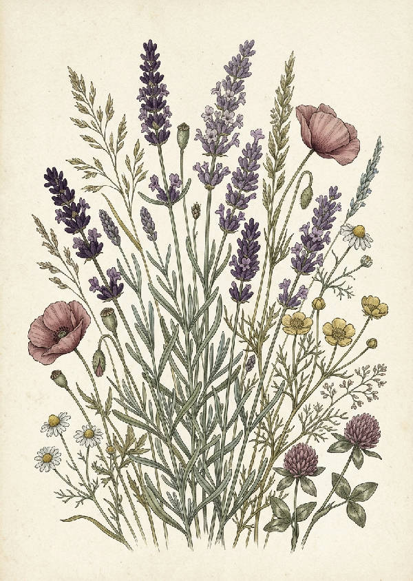 Vintage illustration av en bukett med olika ängsblommor i dämpade lila, grå och gröna toner.