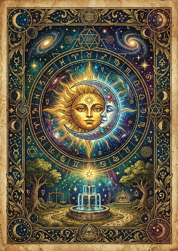 Detaljerat vintage tarotkort föreställande sol och måne med stjärnor och himmelska symboler i guld och bruna nyanser, vertikal.