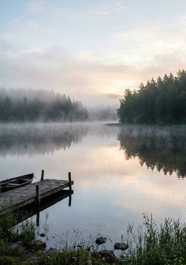 Stillsam dimmig sjö vid soluppgången med reflekterande vatten, mjuk dimma som hänger över ytan