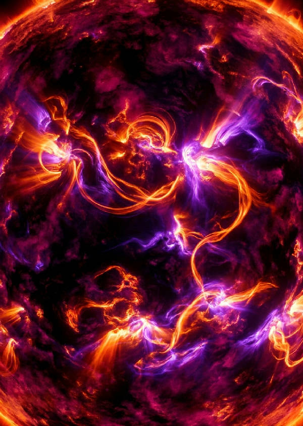 En 3D-rendering av en solflamma och virvlande nebulosmoln. Explosiv, flytande energi från en stjärnyta i extrem närbild. Glödande, iriserande plasmastrån väver sig genom djupa rymdvakuum. Dramatisk, lysande belysning. Neonorange, ultraviolett, svart, magenta färger.