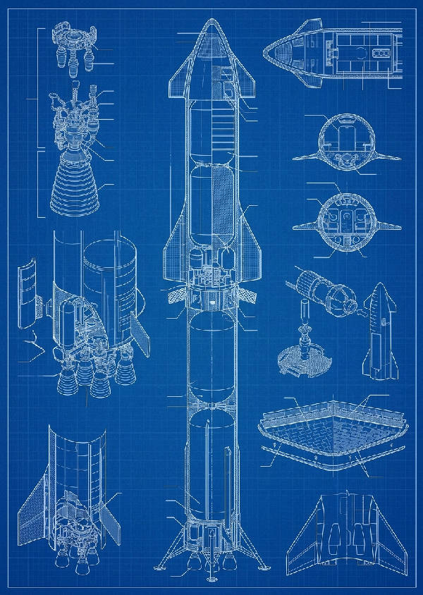 Detaljerad svartvit schematisk ritning av SpaceX Starship, visar tekniska komponenter och design