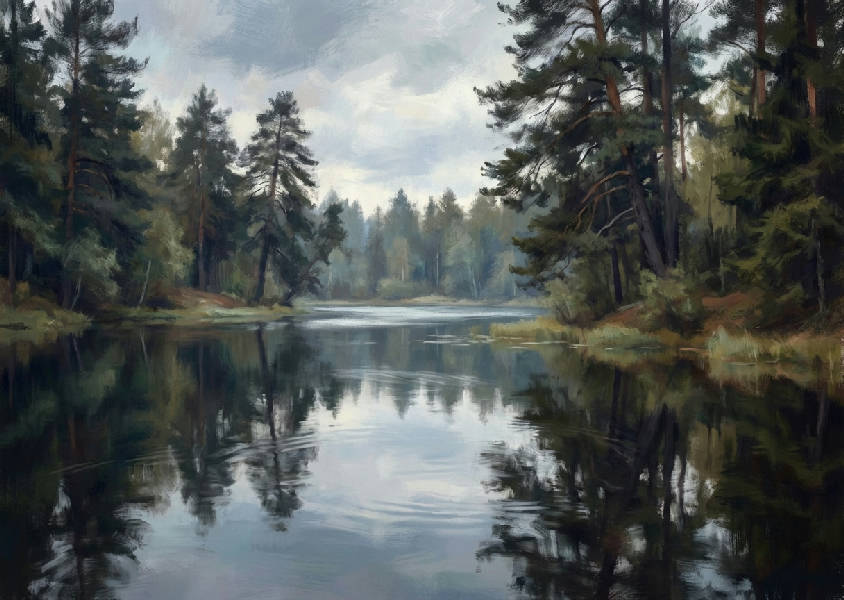 Stilla skogsdamm som reflekterar mörka tallar och molnig himmel med mjuka, dämpade färger.