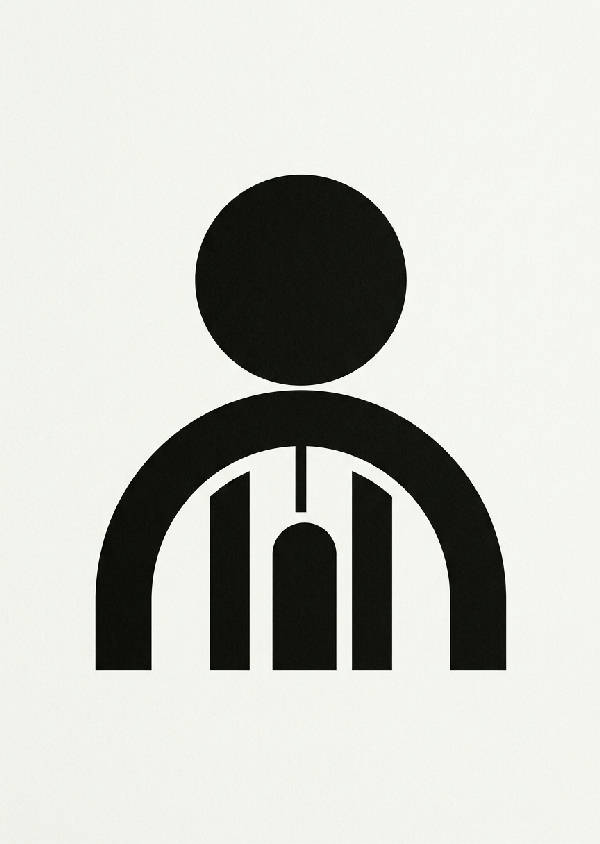 Minimalistisk geometrisk design med skarpa svarta linjer och abstrakta former på krispig vit bakgrund, presenterad i stående format.