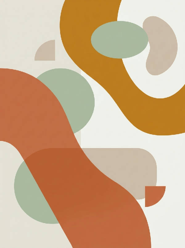 Abstrakt mid-century tavla med organiska former och geometriska element i terracotta, salviagrönt och ockra.