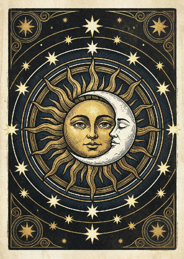 Detaljerat vintage träsnitt med sol och ansikte, sovande måne, glödande stjärnor i svart, guld, marinblått, vitt, gult.