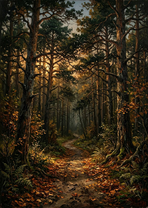 En mörk och lummig skogsstig slingrar sig in i en tät skog, målad i oljestil med djupa gröna nyanser och ett mjukt, diffust ljus.