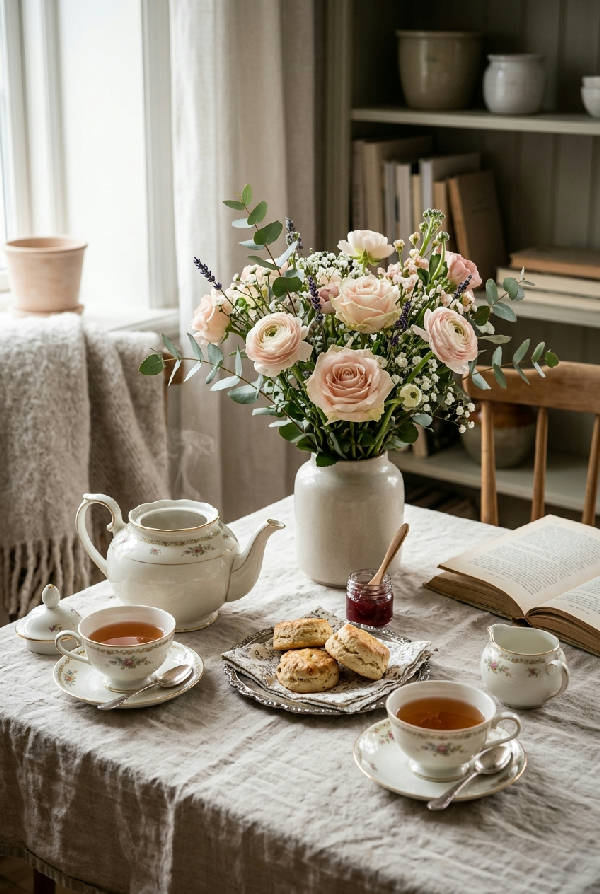 Stillbild illustration av tekoppar, blommor och mjukt eftermiddagsljus i rosa nyanser, porträtt