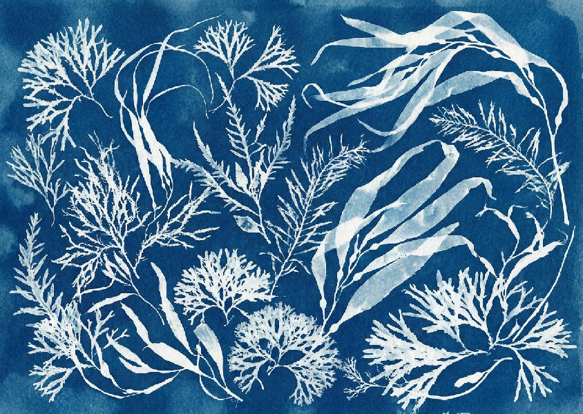 Delikata vita sjögräs och kelp silhuetter på en djup mörkblå texturerad bakgrund, klassisk cyanotyp tryck, porträtt.