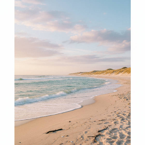 Stillsam sommarstrand med mjukt vit sand, lugnt ljusblått hav och en klar himmel som möts i horisonten