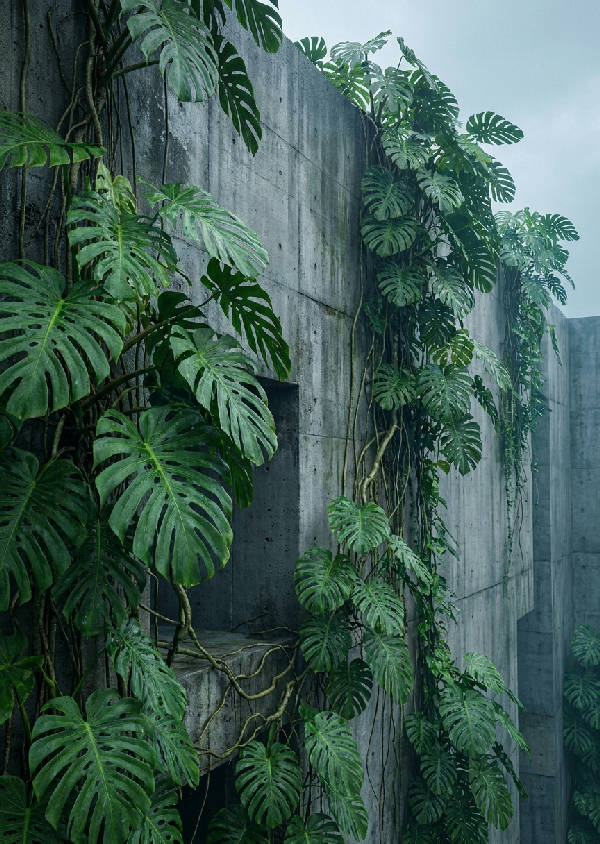 Närbild på en brutalistisk, grå betongvägg med stora, överväxta Monstera-blad och lummiga djungelrankor som växer längs väggen. Mjukt, spritt ljus.
