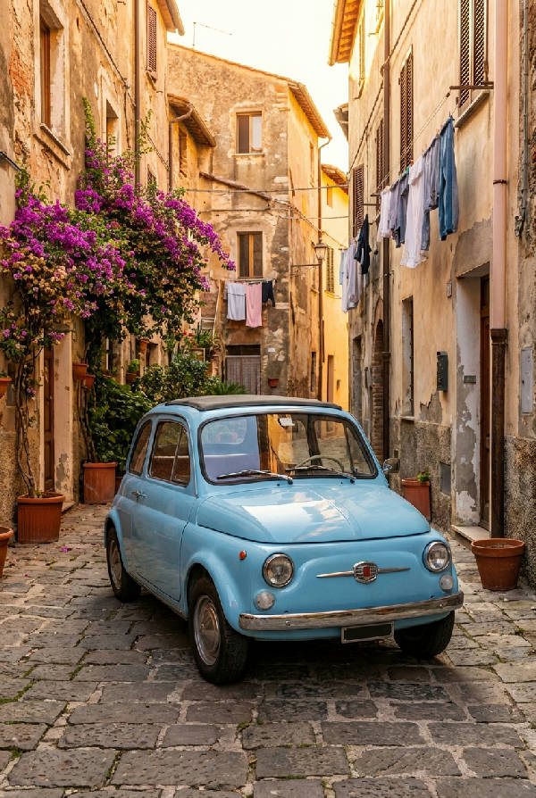 En klassisk ljusbrun Fiat parkerad i en smal italiensk gränd med stenbeläggning och gamla byggnader.