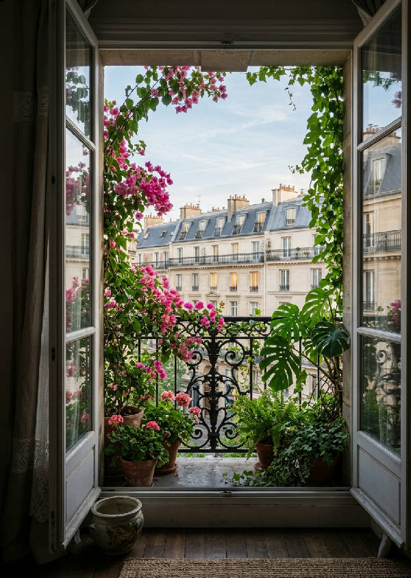 En vertikal bild av en klassisk parisisk balkong rikligt omgiven av frodiga rosa och vita blommor, gröna bladverk och en smidesjärnsräcke.