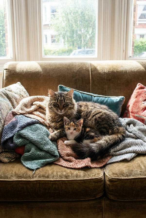En kattmamma med brunt päls som ligger bekvämt i en soffa och trycker sig mot sin lilla kattunge, båda ser lugna ut