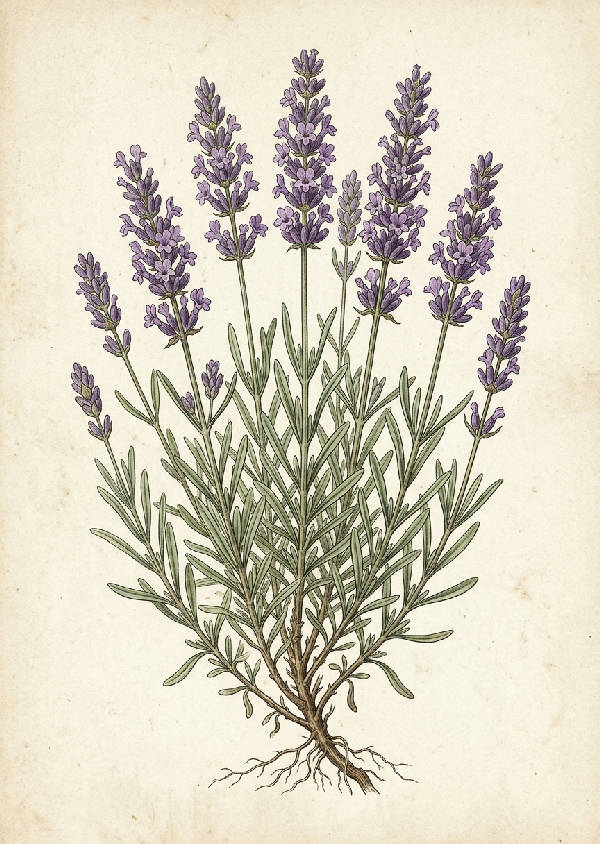 Detaljerad botanisk illustration av lavendelväxt med lila blommor och gröna blad, i vintage stil.