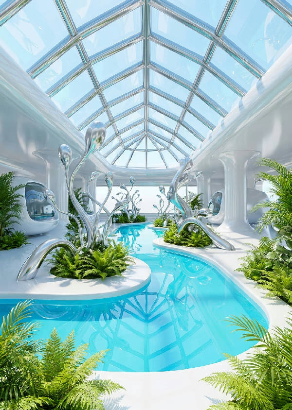 Futuristisk inomhuspool med glänsande kromskulpturer, frodiga ormbunkar och ljust cyanvatten under ett glastak, i digital konststil.