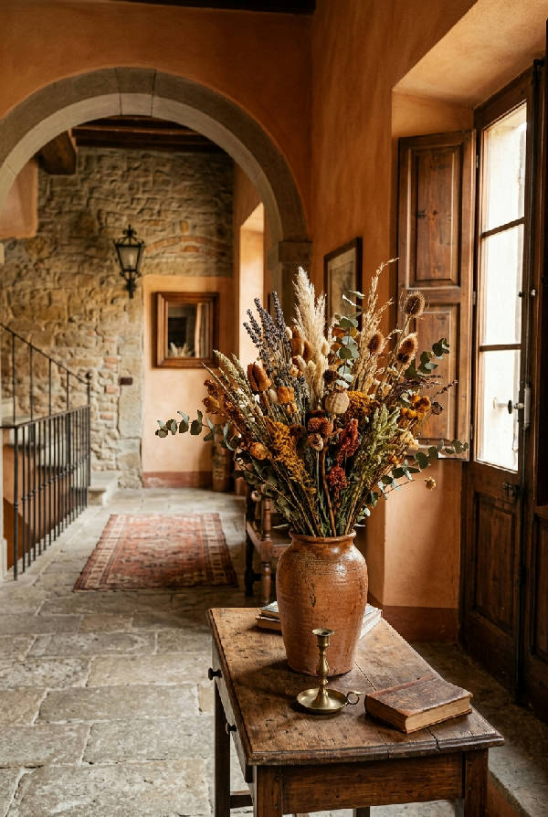 Närbild av torkade växter i en elegant vas placerad i en ljus, italiensk hall.