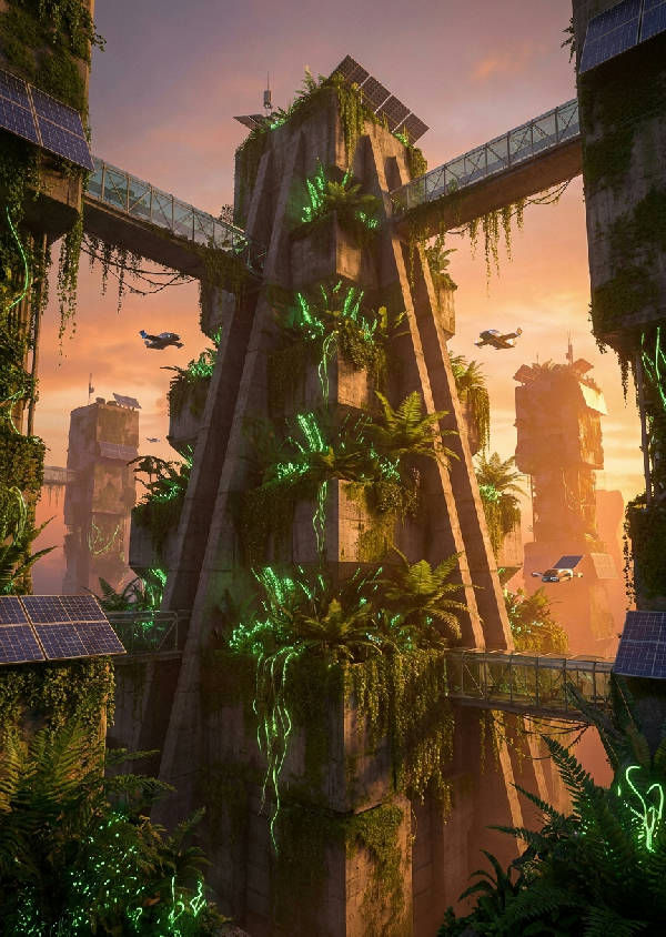 Solarpunkstad 3D-konst: brutalistisk betongstruktur, smaragdgröna bioluminiscenta rankor, orange och persikofärgad solnedgång.