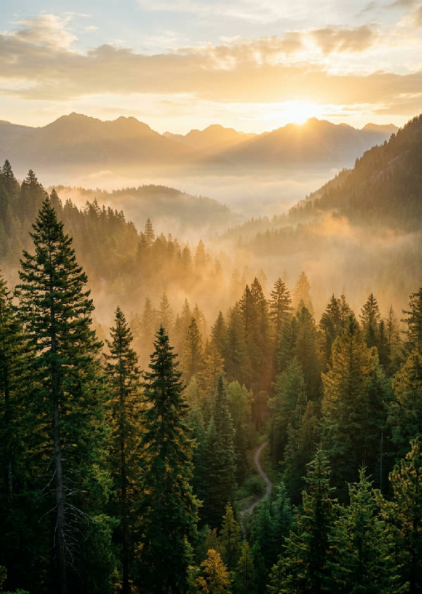 En tät dimmig skog badar i det mjuka gyllene ljuset från en stigande sol, med långa skuggor.
