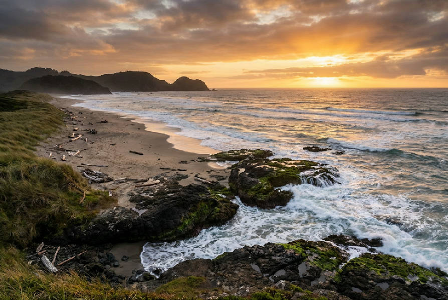 Fotorealistiskt strandlandskap med lugnt blått hav, gyllene sand och en klar himmel