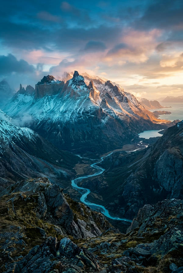 Stående bild av ett vidsträckt, dramatiskt landskap med berg, dalar och en grönskande frodig vegetation, fångat med ett mjukt konstnärligt fokus och varma toner.