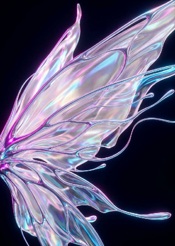 Närbild av en lysande cyber-älvvinge med iriserande pärlemor, neonmagenta och cyanblåa toner mot en mörk bakgrund.