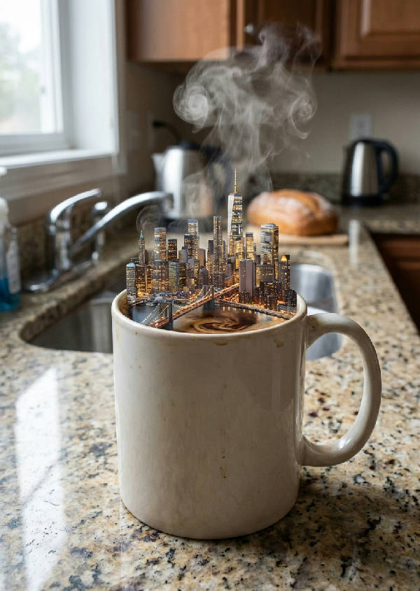 Närbild på en kaffekopp på köksbänken som innehåller en miniatyrstad med skyskrapor, bilar och glödande fönster. Ånga stiger upp från staden.