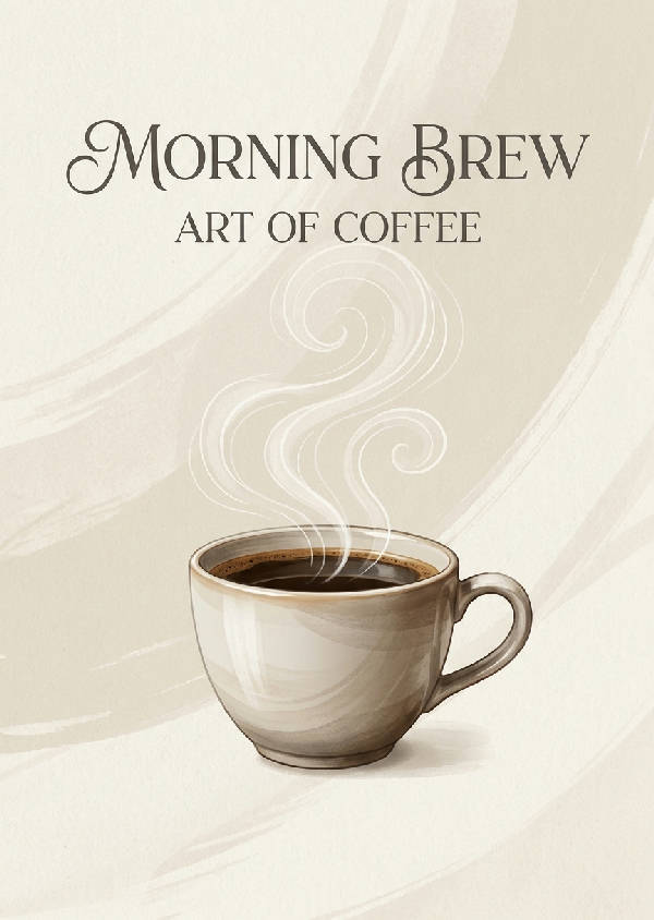 Mjuk modern illustration av en ångande kaffekopp med eleganta ånglinjer på en varm neutral bakgrund