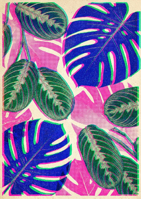 Abstrakt illustration av tropiska Monstera- och Maranta-blad med Risograph-effekt, neonrosa, koboltblå och Kelly grön.