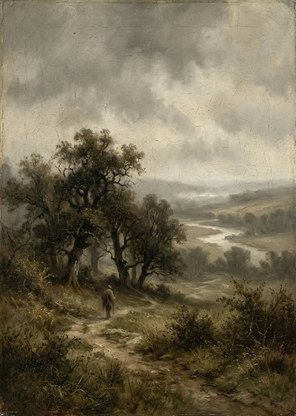 Muted brown oil painting of a vintage-inspired landscape with a cloudy sky and rolling hills in portrait orientation