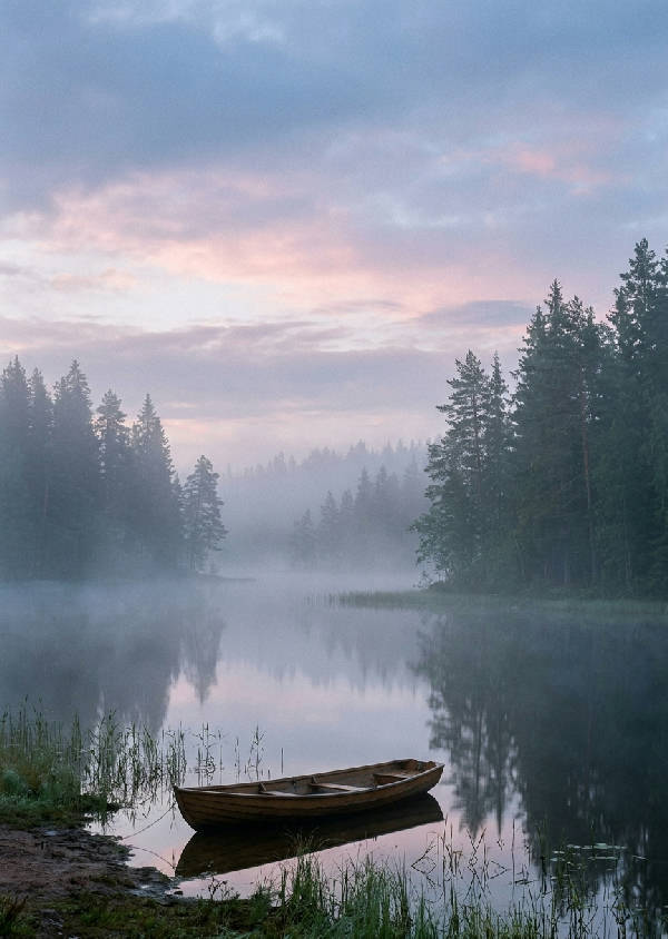 En stilla, drömsk sjö täckt av tät morgondimma vid soluppgången. Lugna blå och grå toner skapar en fridfull och mystisk atmosfär.