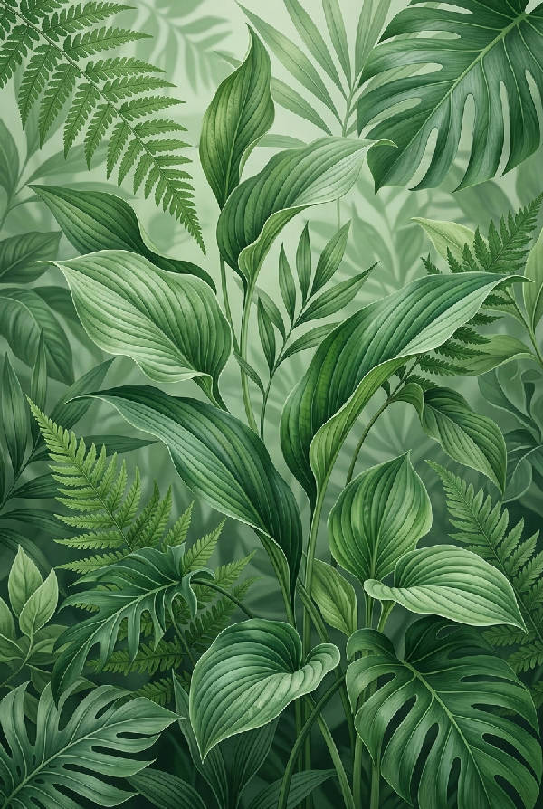 Närbild av två överlappande gröna blad med subtila skuggor och elegant formspråk. Botanskt motiv.