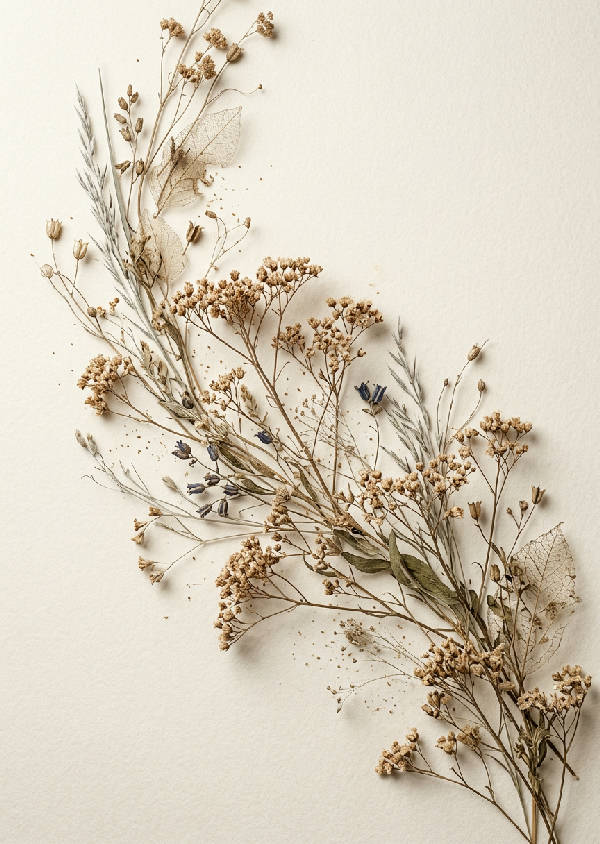 Närbild av minimalistisk väggkonst med torkade vildblommor, beige-bruna blomkluster och fröställningar på en krämfärgad bakgrund.