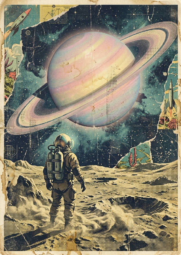 Digitalt collage med en 1950-tals dykare på en kraterfylld månyta som tittar upp på en stor pastellfärgad planet med ringar.