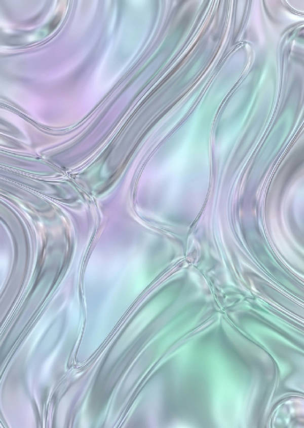 Abstrakt digitalt kollage: flytande metallformer reflekterar pastell lila, isblått och havsgrönt ljus. Släta, glasartade texturer.