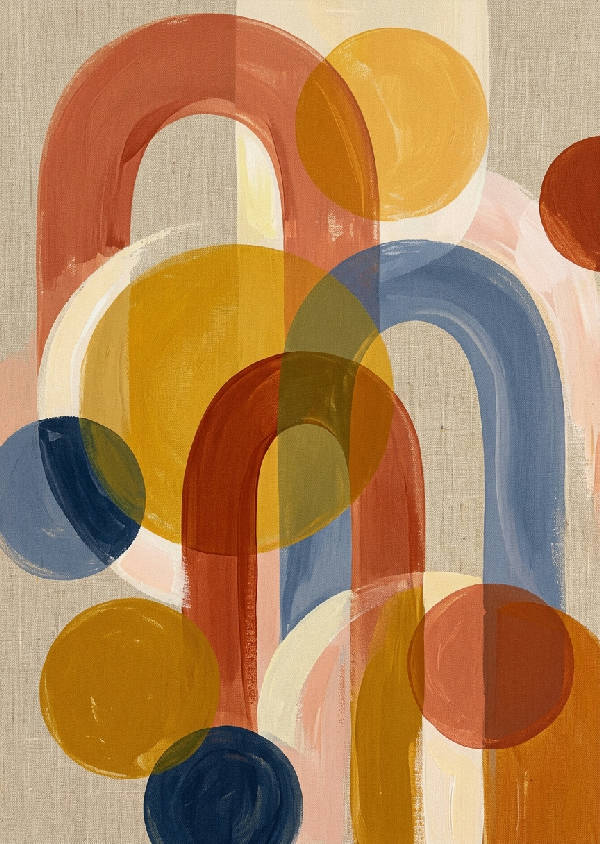 Abstrakt mid-century konst i varma orange och bruna toner med geometriska former och mjuka linjer