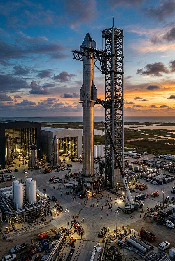 Detaljerad bild av en SpaceX-anläggning med raketdelar och industriella strukturer under en grå himmel.
