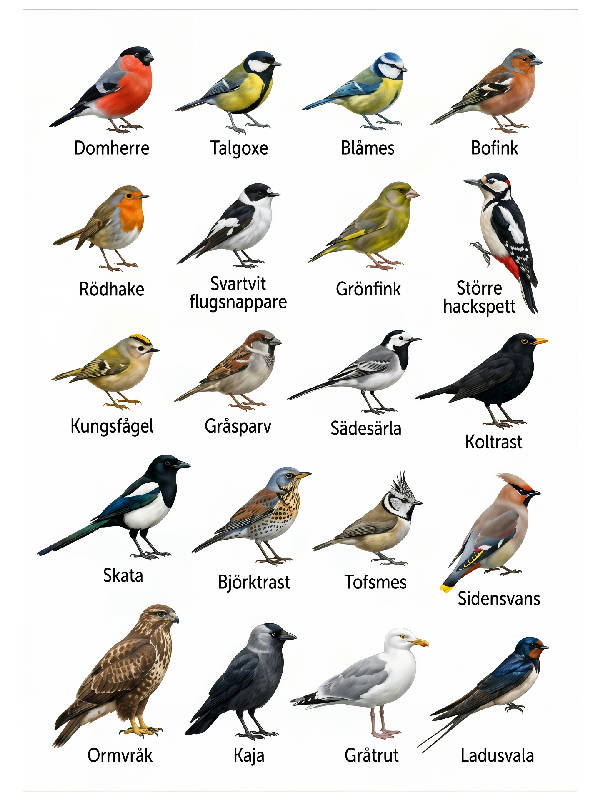 Detaljerad naturalistisk affisch med 20 svenska fågelarter som domherre, talgoxe och koltrast mot vit bakgrund.