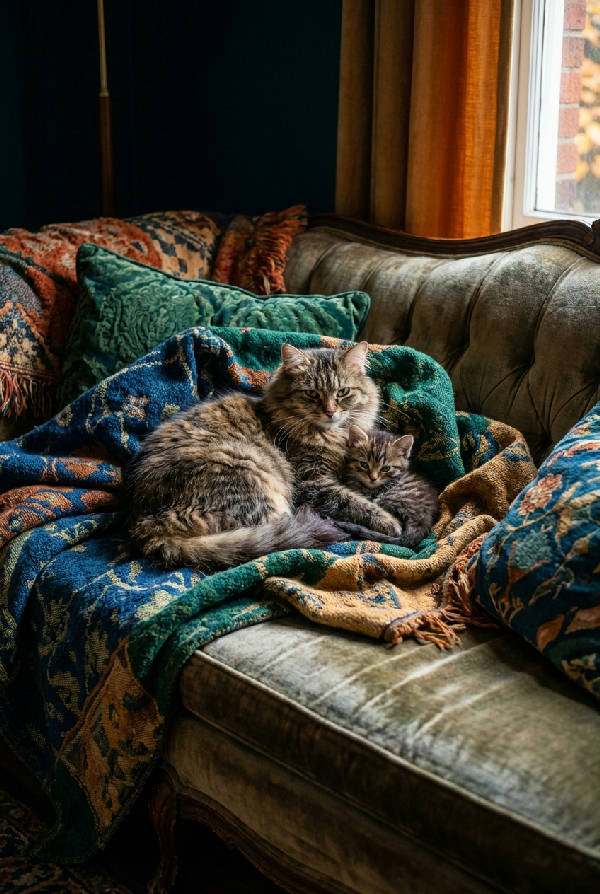 En kattmamma och hennes lilla kattunge myser tätt tillsammans på en bekväm brun soffa.