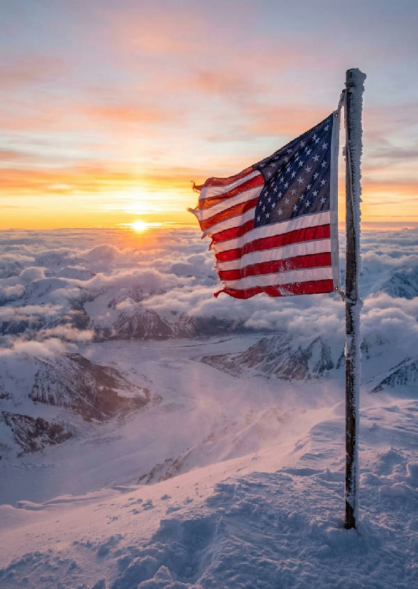 Amerikansk flagga planterad på toppen av Denali vid soluppgången, med Alaskas vildmark i bakgrunden
