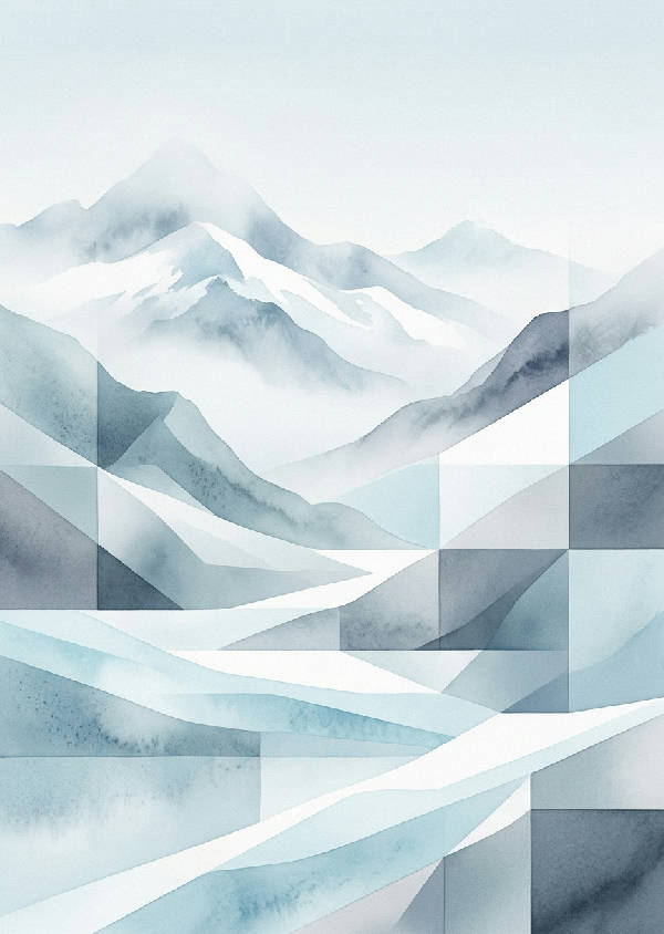Ett abstrakt, minimalistiskt nordiskt landskap i isblå och vita nyanser. Mjuka övergångar av himmel, vatten och snöklädda berg i porträttformat.