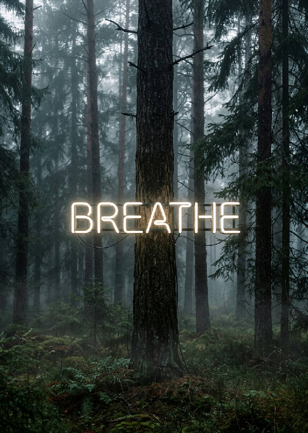 Porträtt av en glödande neonskylt med text i en tät, dimmig skog med höga träd och tät dimma