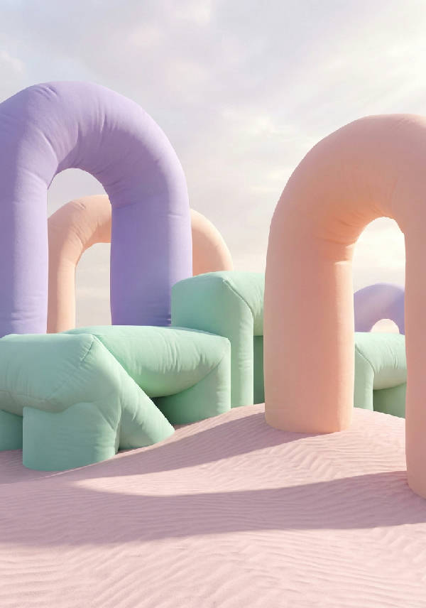 3D-rendering av surrealistisk uppblåsbar arkitektur med pastellfärgade valv i lavendel och persika på blekrosa ökensand.