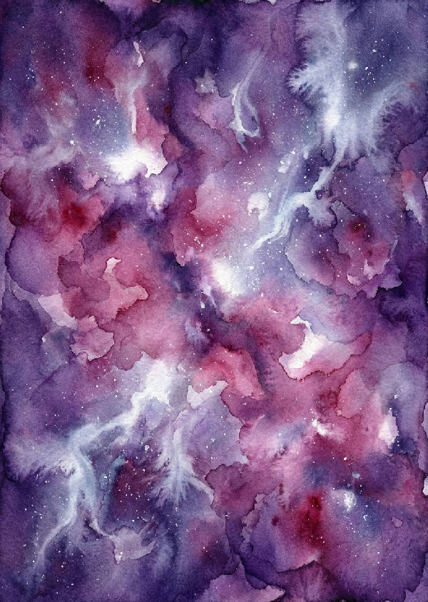 Genomskinlig akvarellmålning av en djuprymdsnebulosa med mjuka flytande toner i violett, magenta och stjärnvitt.