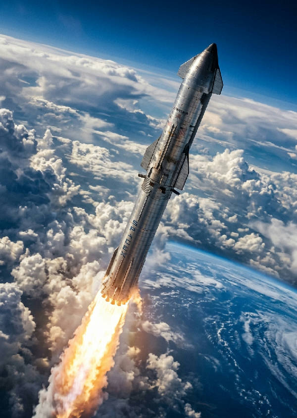 SpaceX Starship raket som lyfter mot en stjärnklar himmel med blåa och lila nyanser