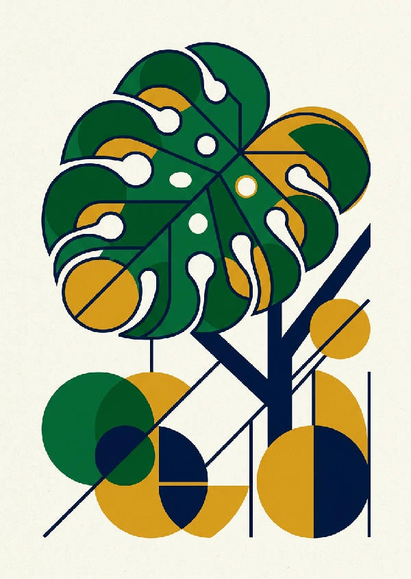 En geometrisk illustration av ett monstera-blad i Bauhaus-stil med tydliga gröna nyanser och minimalistiska former.