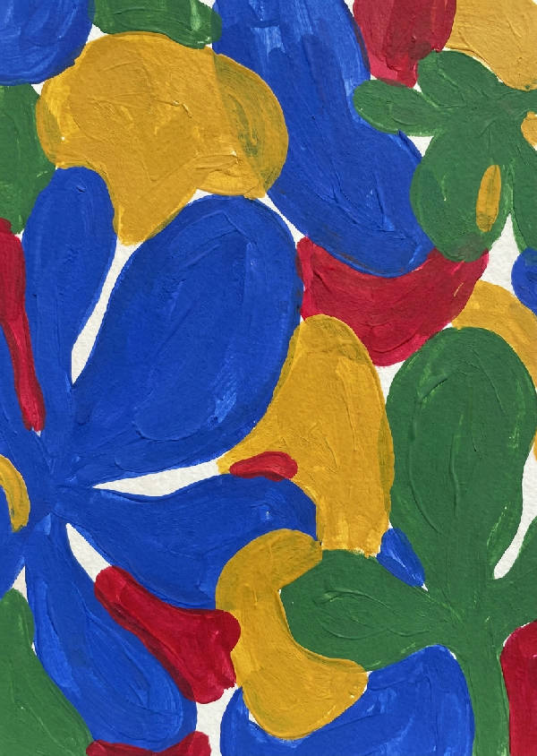 Dynamisk abstrakt gouache-målning med överlappande stora organiska former i koboltblått, senapsgult, karmosinrött och skogsgrönt. Synliga penseldrag och ogenomskinliga texturer fyller duken helt.